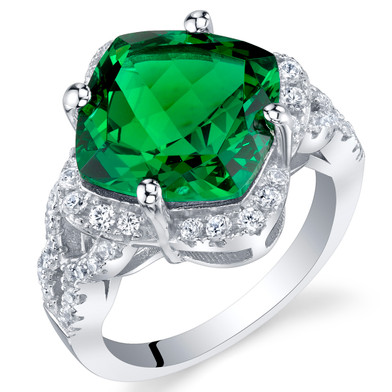 7.50 Carat Simulated Emerald Sterling Silver Cushion Halo Ring Sizes 5 to 9