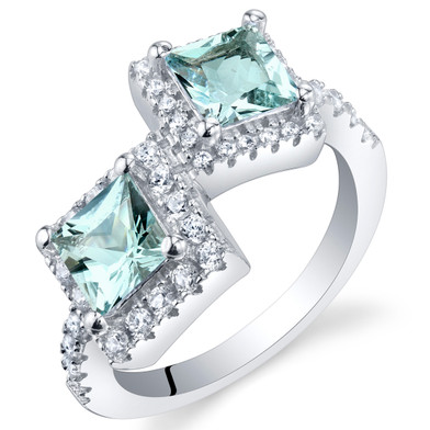 Aquamarine Sterling Silver Princess Cut Two-Stone Ring Sizes 5 to 9