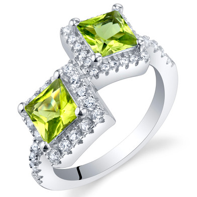 Peridot Sterling Silver Princess Cut Two-Stone Ring Sizes 5 to 9