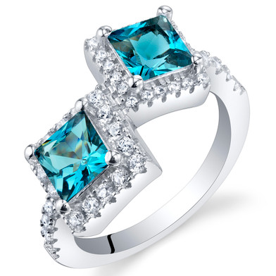 London Blue Topaz Sterling Silver Princess Cut Two-Stone Ring Sizes 5 to 9