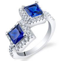 Created Blue Sapphire Sterling Silver Princess Cut Two-Stone Ring Sizes 5 to 9