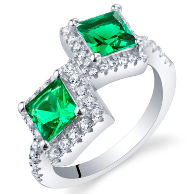 Simulated Emerald Sterling Silver Princess Cut Two-Stone Ring Sizes 5 to 9