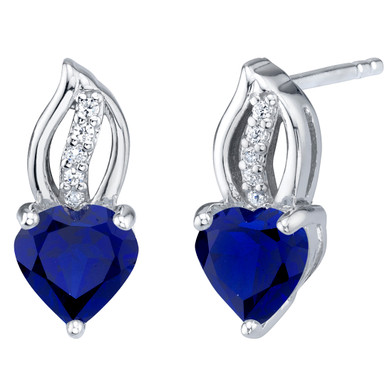 Created Blue Sapphire Sterling Silver Heart Earrings 2.00 Carats Total