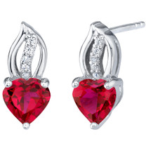 Created Ruby Sterling Silver Heart Earrings 2.00 Carats Total