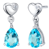 Swiss Blue Topaz Sterling Silver Heart Dangle Drop Earrings 1.50 Carats Total