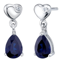 Created Blue Sapphire Sterling Silver Heart Dangle Drop Earrings 1.75 Carats Total