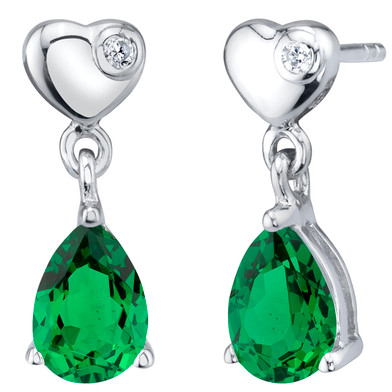 Simulated Emerald Sterling Silver Heart Dangle Drop Earrings 1.25 Carats Total