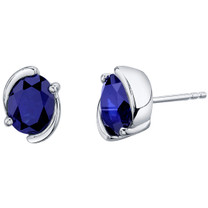 Created Blue Sapphire Sterling Silver Bezel Stud Earrings 3.50 Carats Total