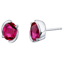 Created Ruby Sterling Silver Bezel Stud Earrings 3.50 Carats Total