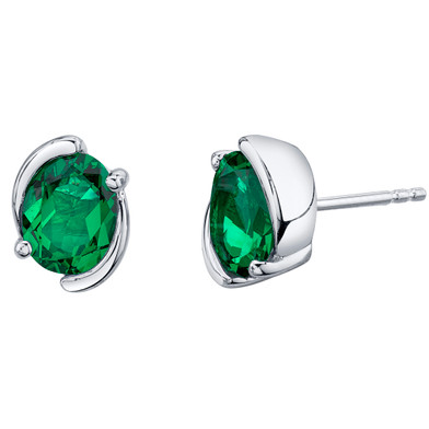 Simulated Emerald Sterling Silver Bezel Stud Earrings 2.00 Carats Total