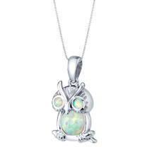 Sterling Silver Mini Owl Created White Opal Pendant Necklace