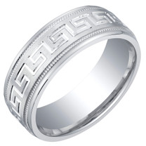 Mens Sterling Silver Greek Key Wedding Ring Band in Brushed Matte Milgrain 7mm Comfort Fit Sizes 8 to 14