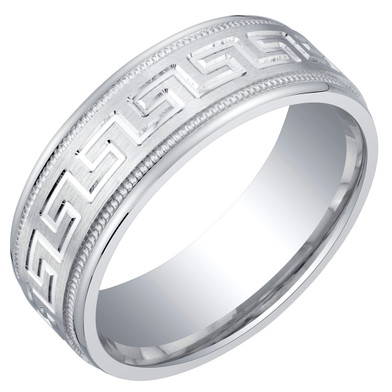 Mens Sterling Silver Greek Key Wedding Ring Band in Brushed Matte Milgrain 7mm Comfort Fit Sizes 8 to 14