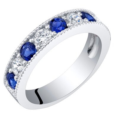 Sterling Silver Created Blue Sapphire Milgrain Half Eternity Ring Band