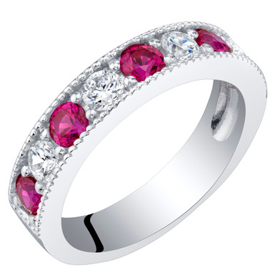 Sterling Silver Created Ruby Milgrain Half Eternity Ring Band