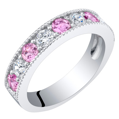 Sterling Silver Created Pink Sapphire Milgrain Half Eternity Ring Band