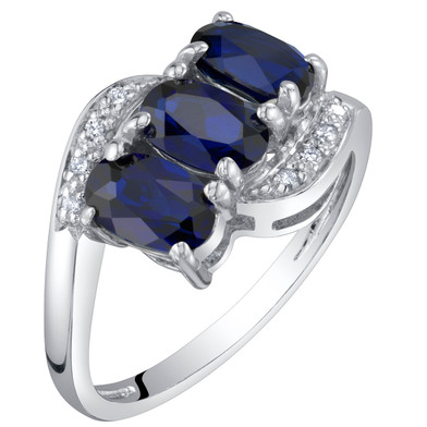 14K White Gold Created Blue Sapphire and Diamond Three Stone Anniversary Ring 1.50 Carats Oval Shape