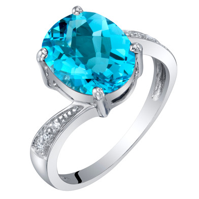 14K White Gold Genuine Swiss Blue Topaz and Diamond Solitaire Ring 3 Carats Oval Shape