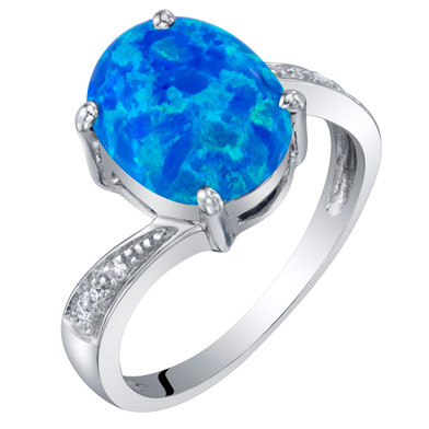 14K White Gold Created Blue Opal and Diamond Solitaire Ring 1.25 Carats Oval Shape