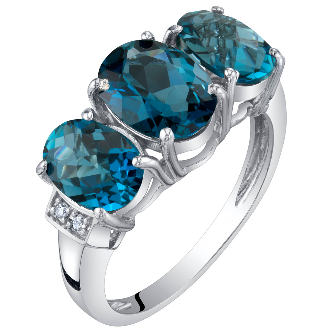 14K White Gold Genuine London Blue Topaz and Diamond Three Stone Triune  Ring 2.75 Carats