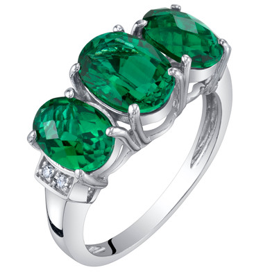 14K White Gold Created Emerald and Diamond Three Stone Triune Ring 2 Carats