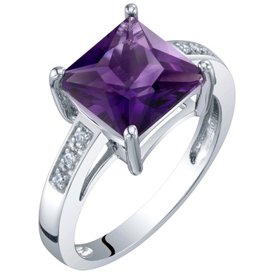14K White Gold Genuine Amethyst and Diamond Princess Cut Solitaire Ring 2 Carats
