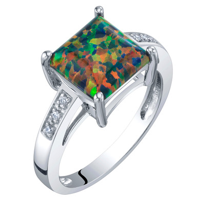14K White Gold Created Black Opal and Diamond Princess Cut Solitaire Ring 1 Carat