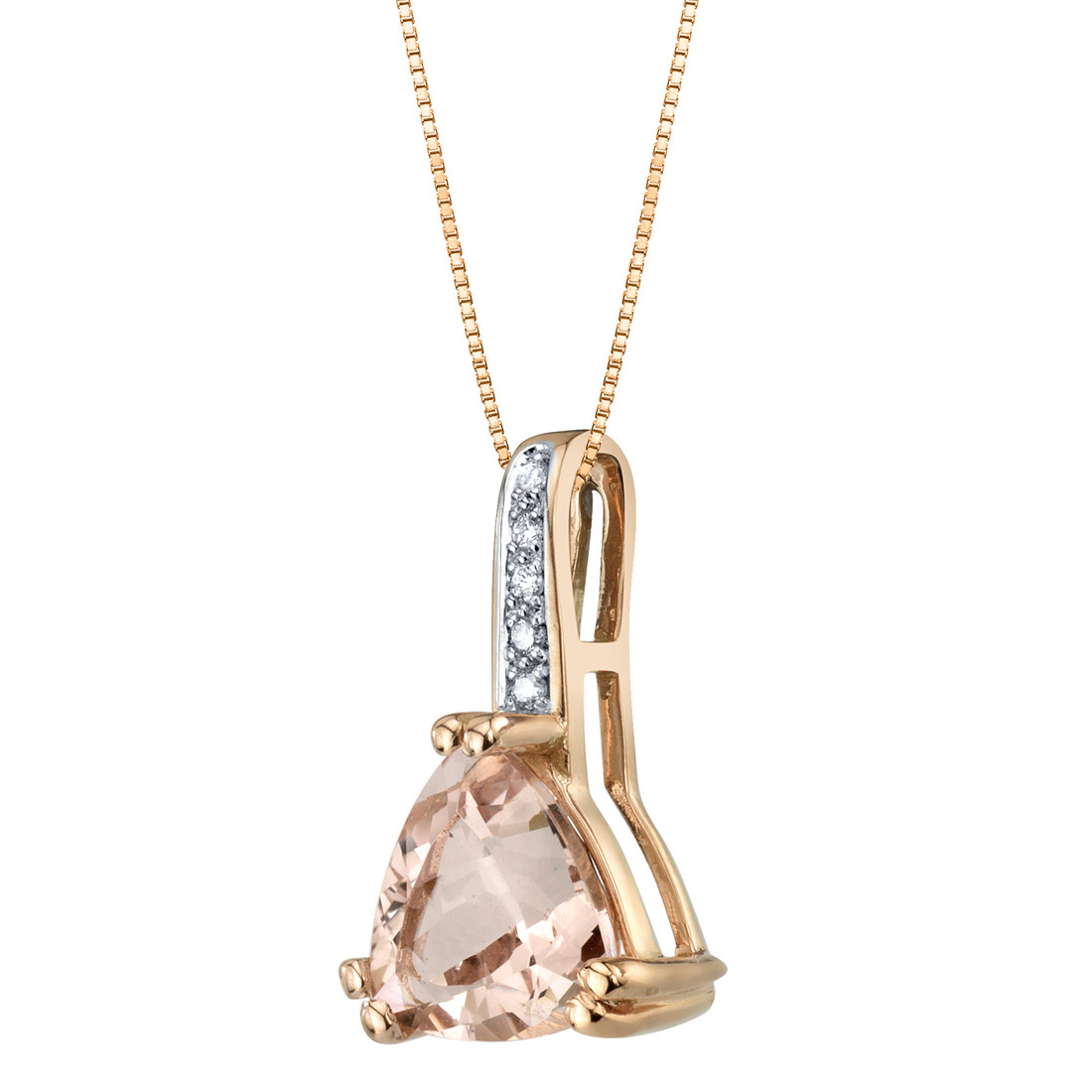 14K Rose Gold Genuine Morganite and Diamond Triad Pendant 1.75 Carats  Trillion Cut