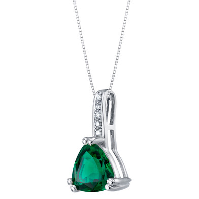 14K White Gold Created Emerald and Diamond Triad Pendant 1.50 Carats Trillion Cut