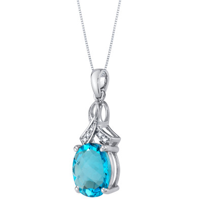 14K White Gold Genuine Swiss Blue Topaz and Diamond Soul Pendant 4 Carats Oval Shape