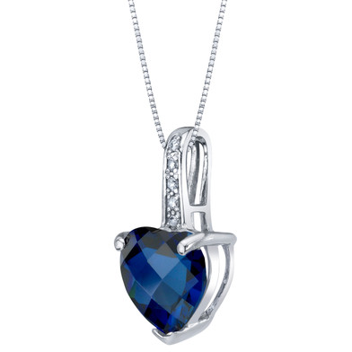 14K White Gold Created Blue Sapphire and Diamond Heart Pendant 2.50 Carats