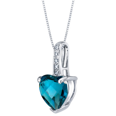 14K White Gold Genuine London Blue Topaz and Diamond Heart Pendant 2 Carats