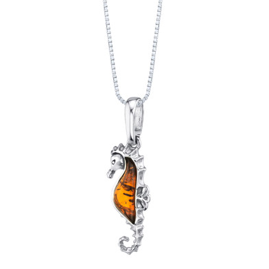 Baltic Amber Sterling Silver Seahorse Pendant Necklace Cognac Color