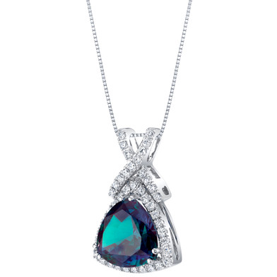 14K White Gold Created Alexandrite and Lab Grown Diamond Pendant 6.52 carats total Trillion Cut