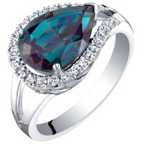 14K White Gold Created Alexandrite and Lab Grown Diamond Ring 4.02 carats total Pear Shape