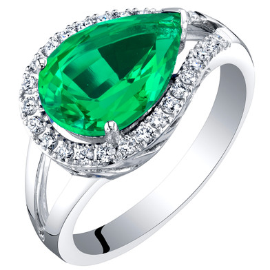14K White Gold Created Colombian Emerald and Lab Grown Diamond Ring 3.02 carats total Pear Shape