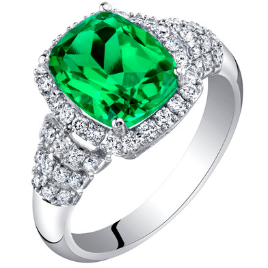 14K White Gold Created Colombian Emerald and Lab Grown Diamond Ring 3.29 carats total Cushion Cut