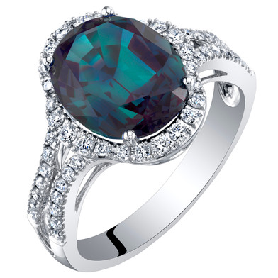 14K White Gold Created Alexandrite and Lab Grown Diamond Ring 5.43 carats total Oval Shape