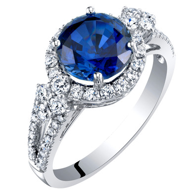 14K White Gold Created Sapphire and Lab Grown Diamond Ring 3.61 carats total Round Shape
