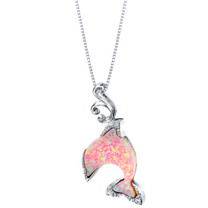 Sterling Silver Created Pink Opal Dolphin Pendant Necklace
