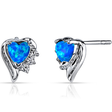 Created Blue Opal Sweetheart Earrings Sterling Silver Heart Shape