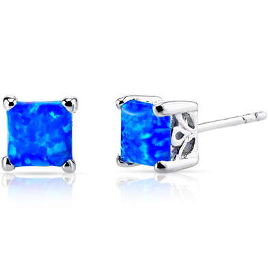 Created Blue Opal Princess Cut Stud Earrings Sterling Silver 1.25 Carats
