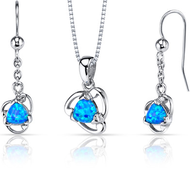 Created Blue Opal Lily Pendant Earrings Necklace Sterling Silver 2.00 Carats