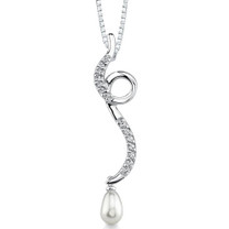Sterling Silver Modern Design Freeform Faux White Pearl Drop Pendant with CZ Style MDP1186