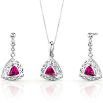 Filigree Design 1.50 carats Trillion Cut Sterling Silver Ruby Pendant Earrings Set Style SS3442