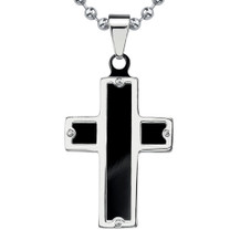 Celebrity Style Stainless Steel Black Enamel-finish Cross Pendant on a Steel Ball Chain Style SN8094
