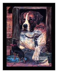 St Bernard in Dog House - Framed Art Print