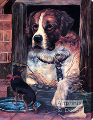 St Bernard in Dog House - Stretched Canvas Art Print