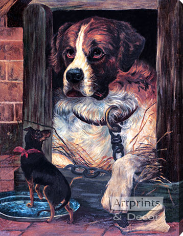 St Bernard in Dog House - Stretched Canvas Art Print