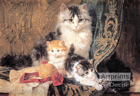Cat and Her Three Kittens by Henriette Ronner-Knip - Framed Art Print